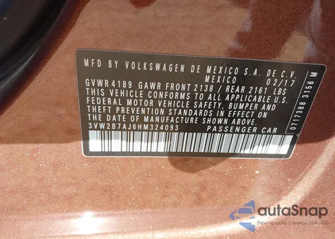 2017 Volkswagen Jetta 1.4T S from USA, damaged, VIN 3VW2B7AJ6HM324093